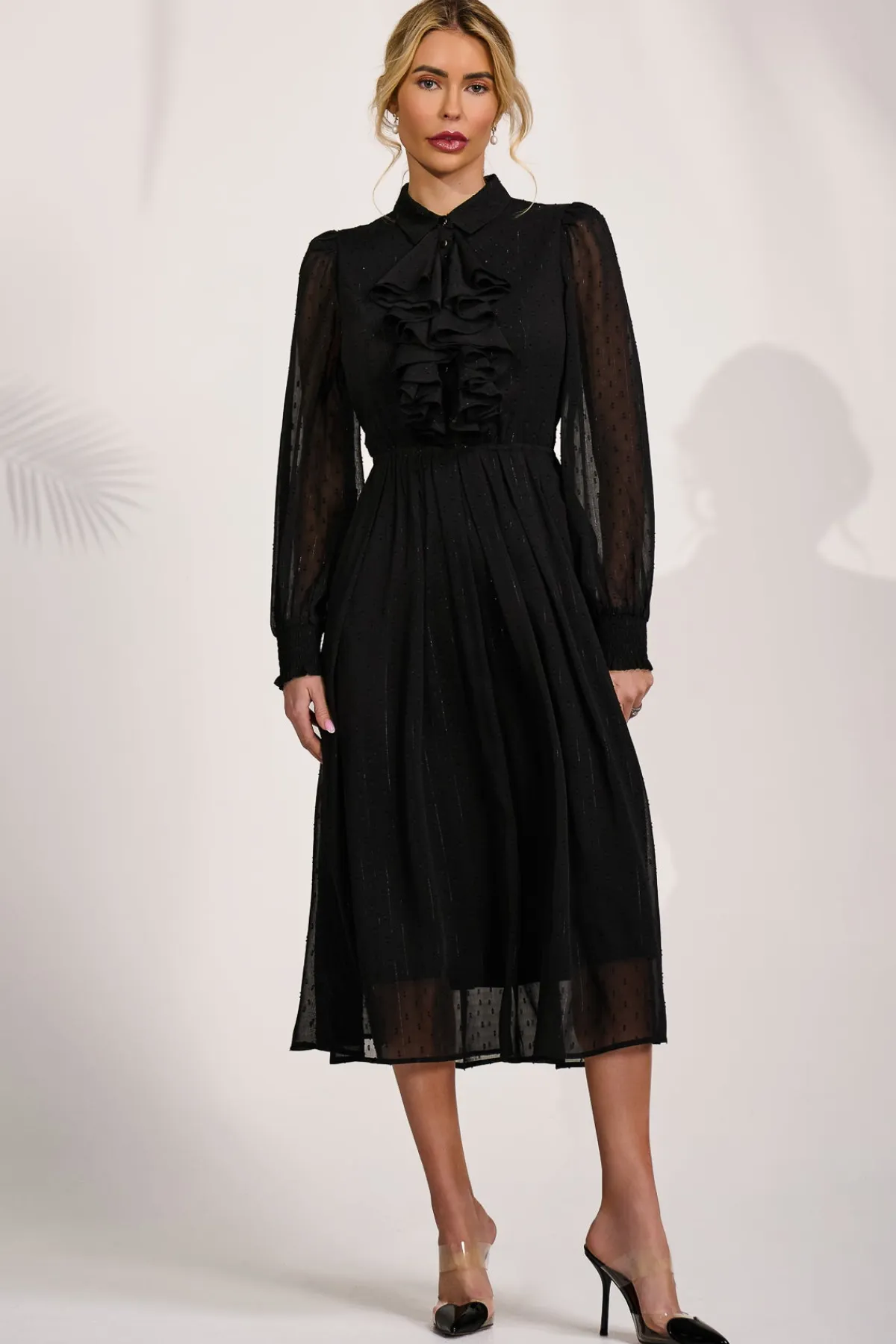 Jolie Moi Occasion Dresses|Shirt Dresses-Textured Chiffon Long Sleeve Shirt Dress, Black
