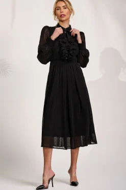 Jolie Moi Occasion Dresses|Shirt Dresses-Textured Chiffon Long Sleeve Shirt Dress, Black