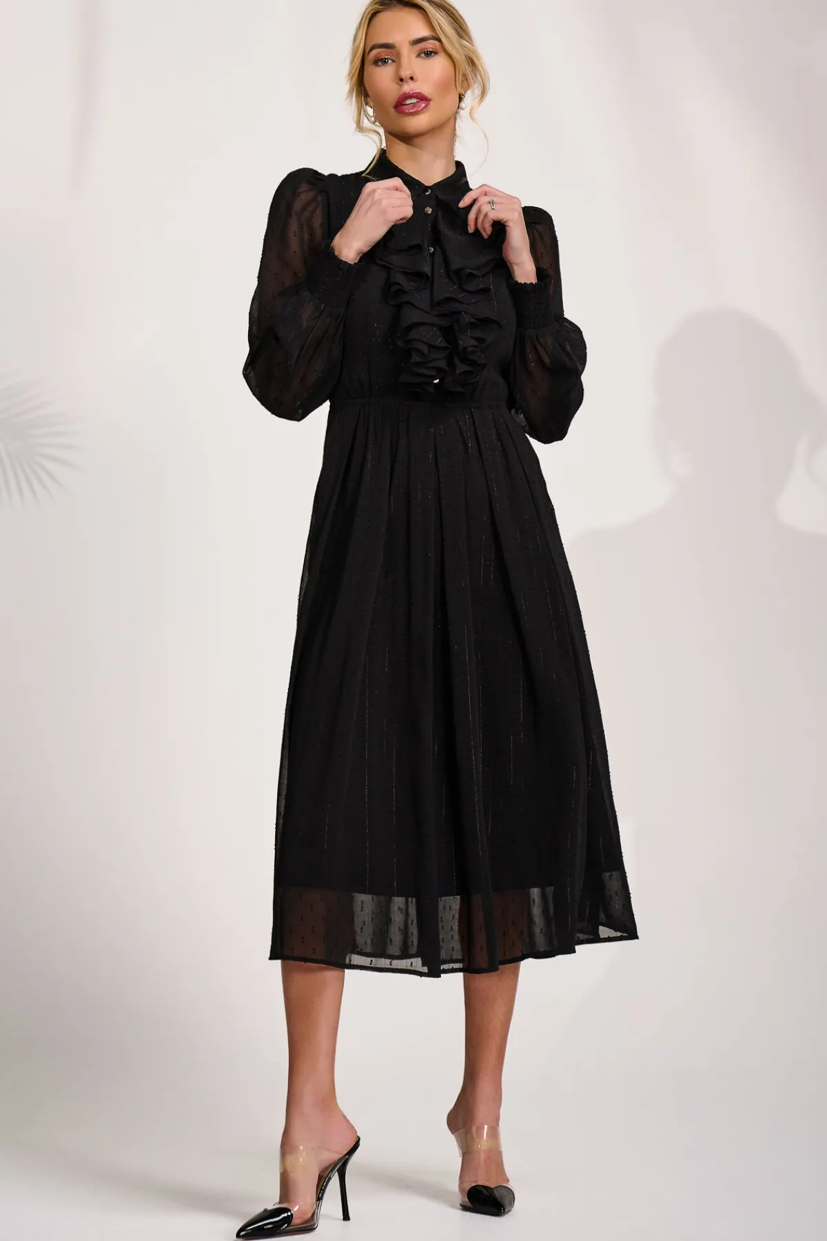 Jolie Moi Occasion Dresses|Shirt Dresses-Textured Chiffon Long Sleeve Shirt Dress, Black
