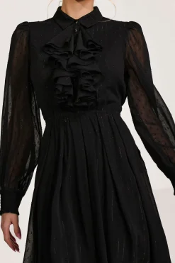 Jolie Moi Occasion Dresses|Shirt Dresses-Textured Chiffon Long Sleeve Shirt Dress, Black