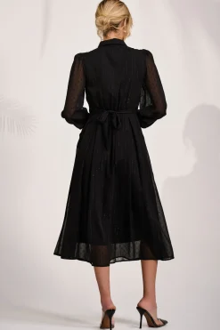 Jolie Moi Occasion Dresses|Shirt Dresses-Textured Chiffon Long Sleeve Shirt Dress, Black