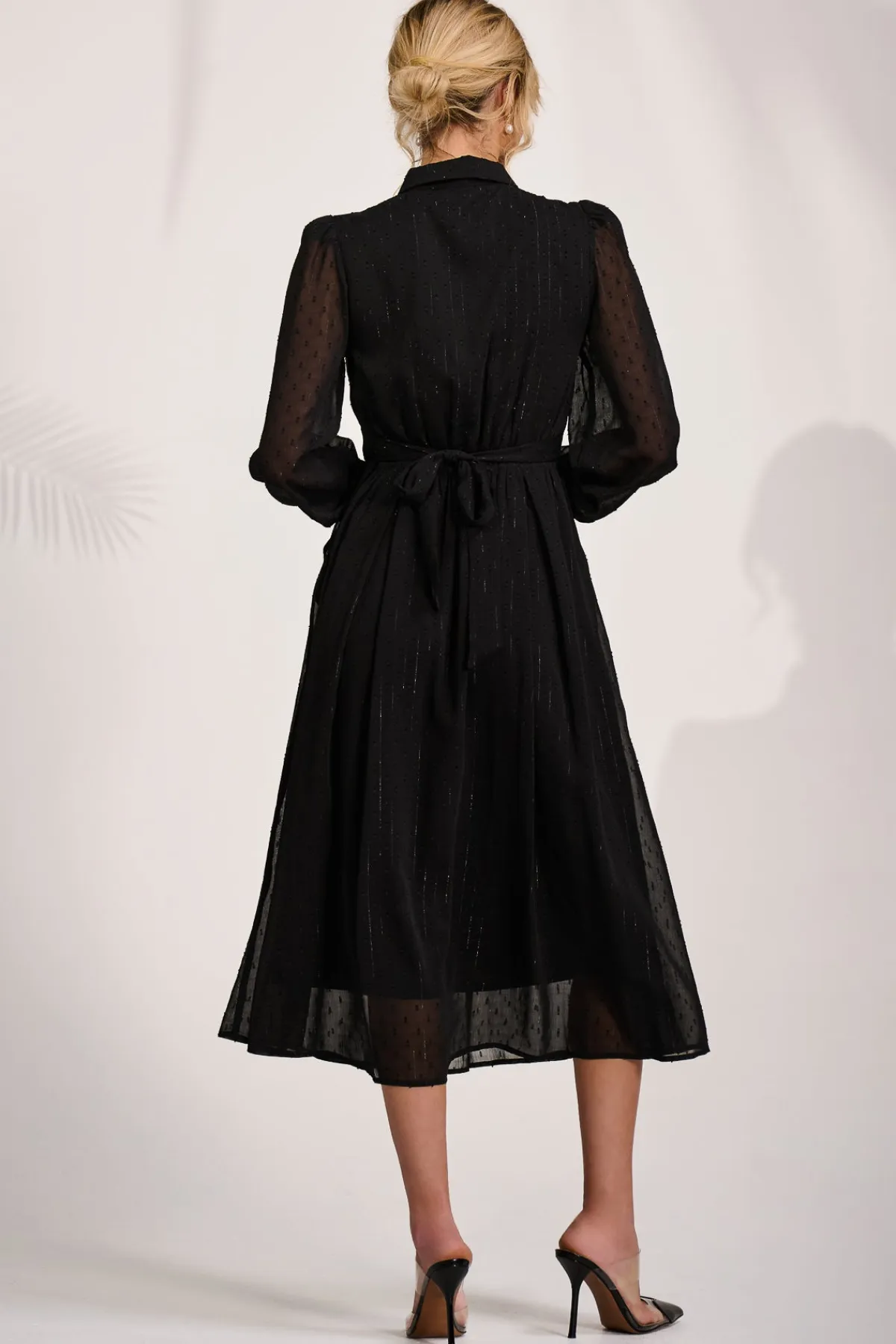 Jolie Moi Occasion Dresses|Shirt Dresses-Textured Chiffon Long Sleeve Shirt Dress, Black