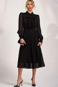 Jolie Moi Occasion Dresses|Shirt Dresses-Textured Chiffon Long Sleeve Shirt Dress, Black