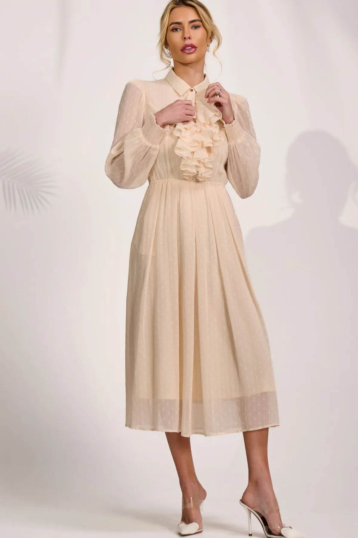 Jolie Moi Occasion Dresses|Shirt Dresses-Textured Chiffon Long Sleeve Shirt Dress, Cloud White