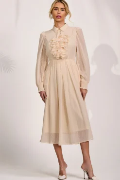 Jolie Moi Occasion Dresses|Shirt Dresses-Textured Chiffon Long Sleeve Shirt Dress, Cloud White