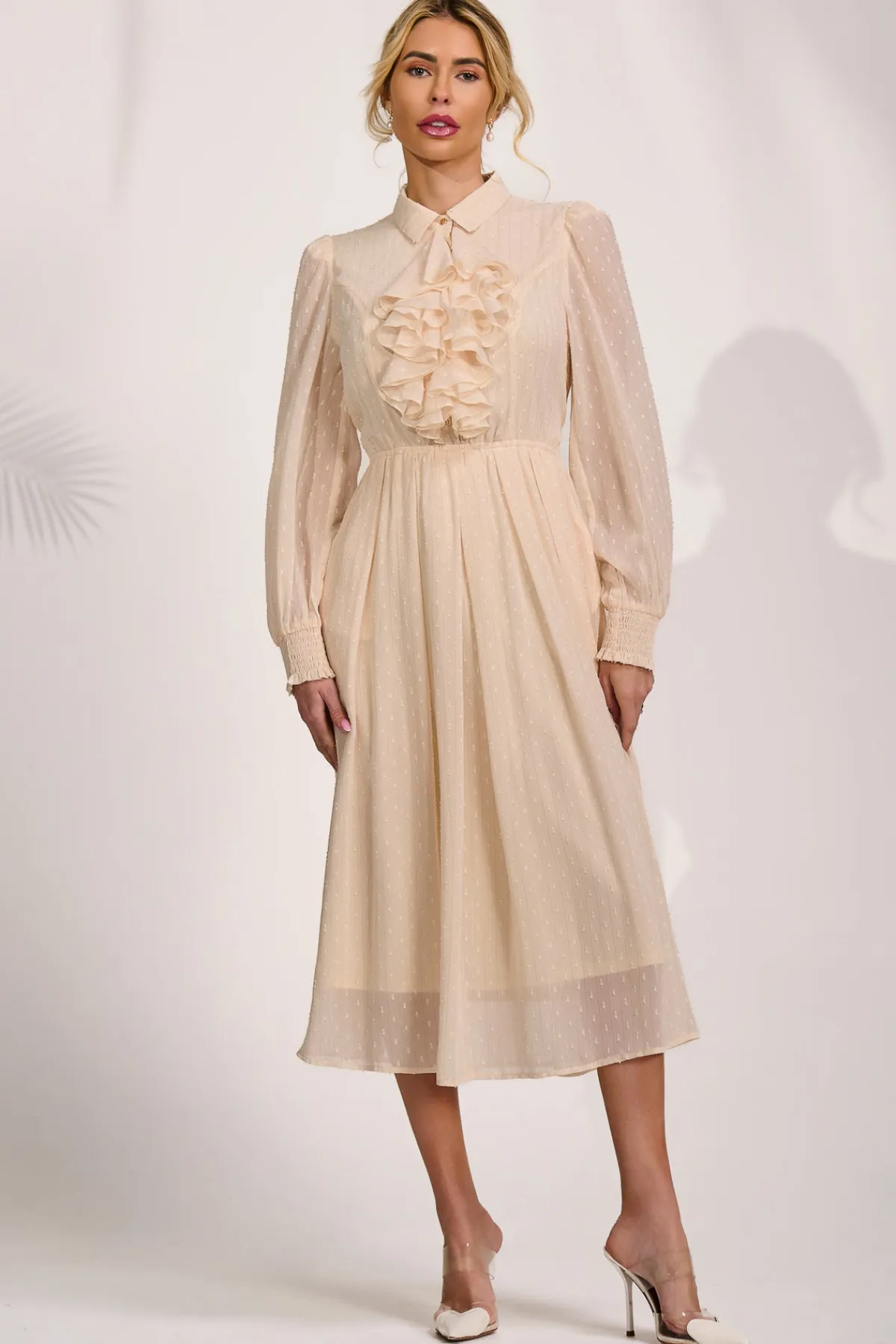 Jolie Moi Occasion Dresses|Shirt Dresses-Textured Chiffon Long Sleeve Shirt Dress, Cloud White