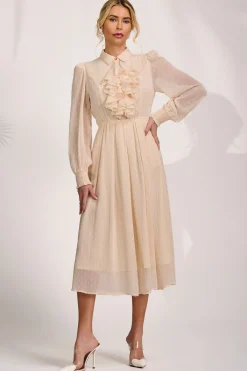 Jolie Moi Occasion Dresses|Shirt Dresses-Textured Chiffon Long Sleeve Shirt Dress, Cloud White