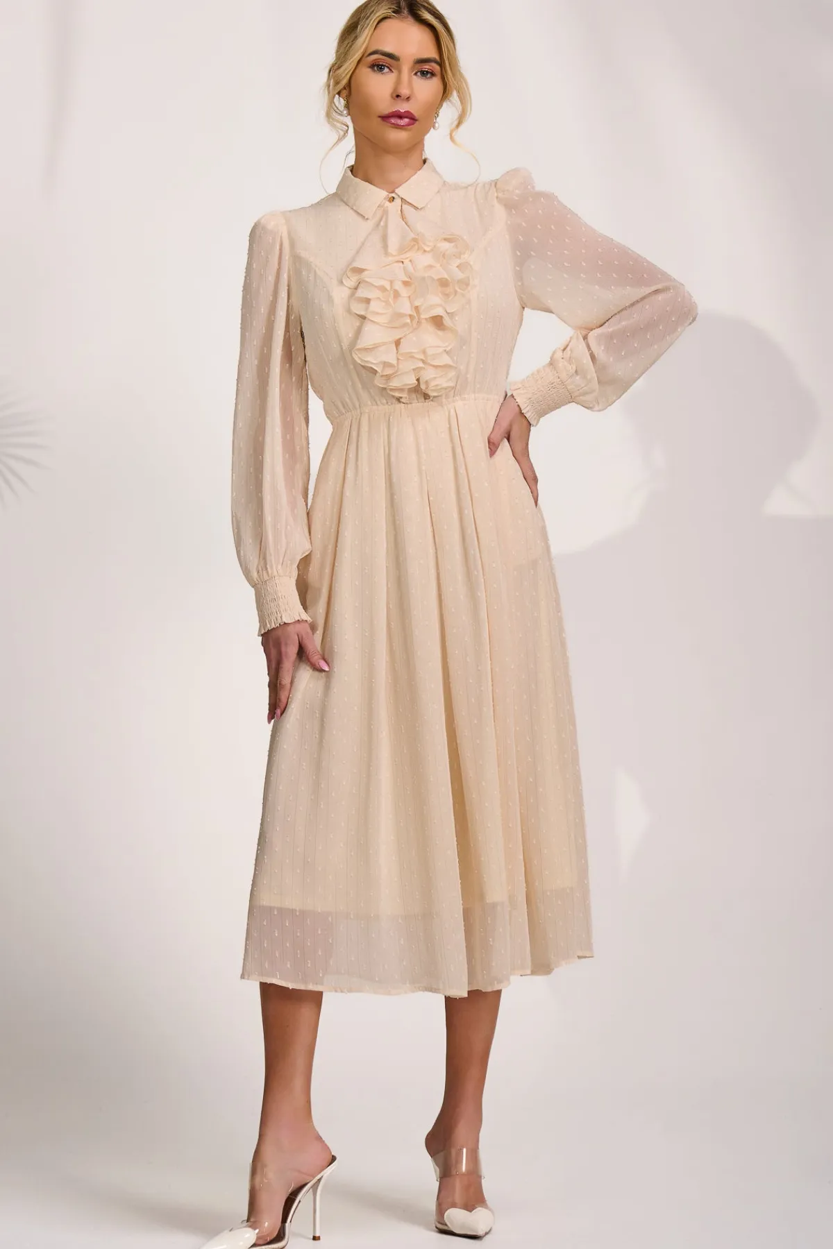 Jolie Moi Occasion Dresses|Shirt Dresses-Textured Chiffon Long Sleeve Shirt Dress, Cloud White