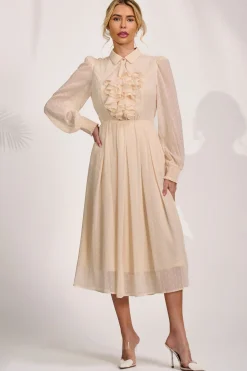 Jolie Moi Occasion Dresses|Shirt Dresses-Textured Chiffon Long Sleeve Shirt Dress, Cloud White