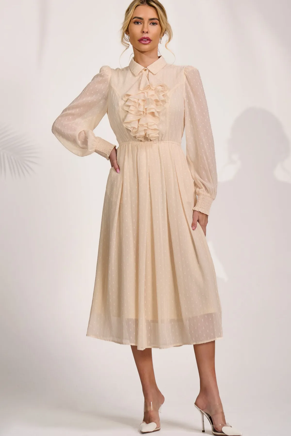 Jolie Moi Occasion Dresses|Shirt Dresses-Textured Chiffon Long Sleeve Shirt Dress, Cloud White