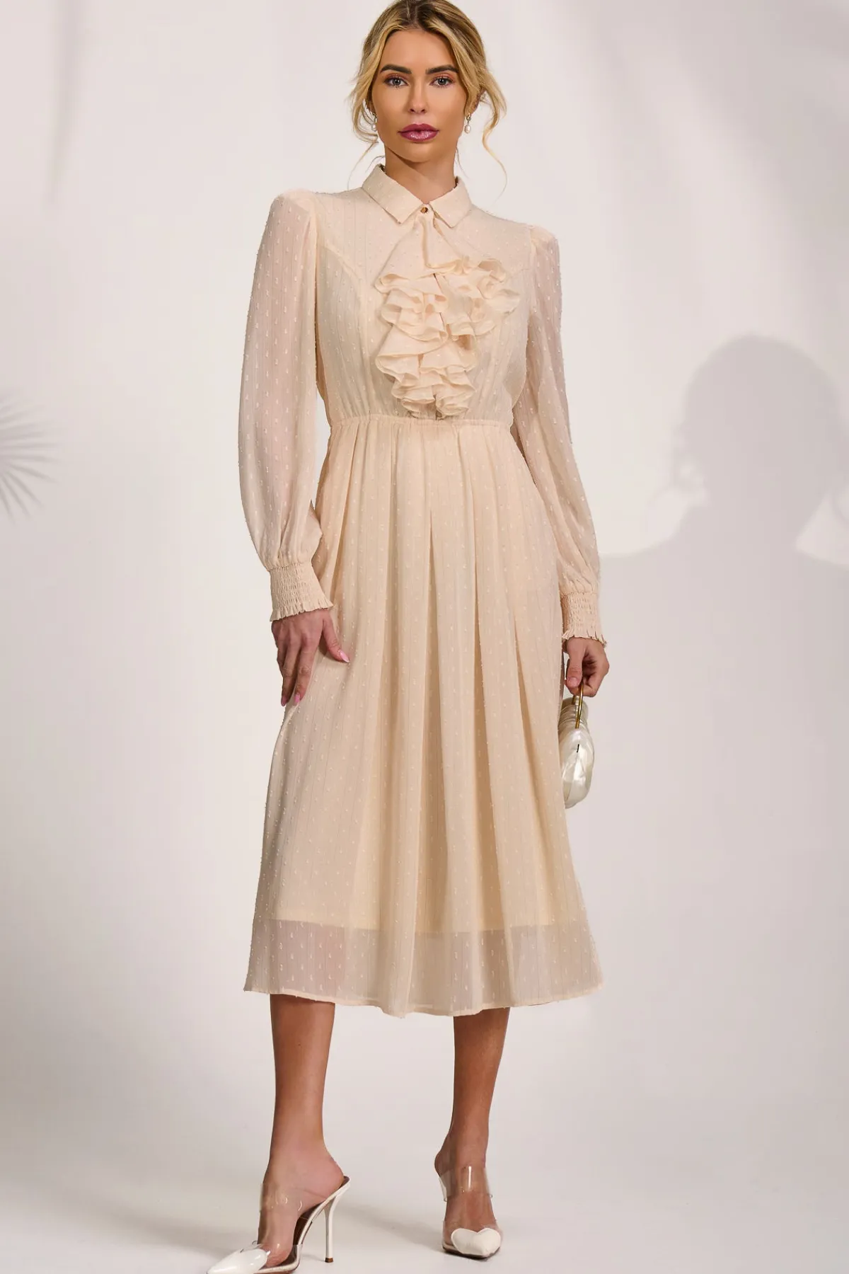 Jolie Moi Occasion Dresses|Shirt Dresses-Textured Chiffon Long Sleeve Shirt Dress, Cloud White