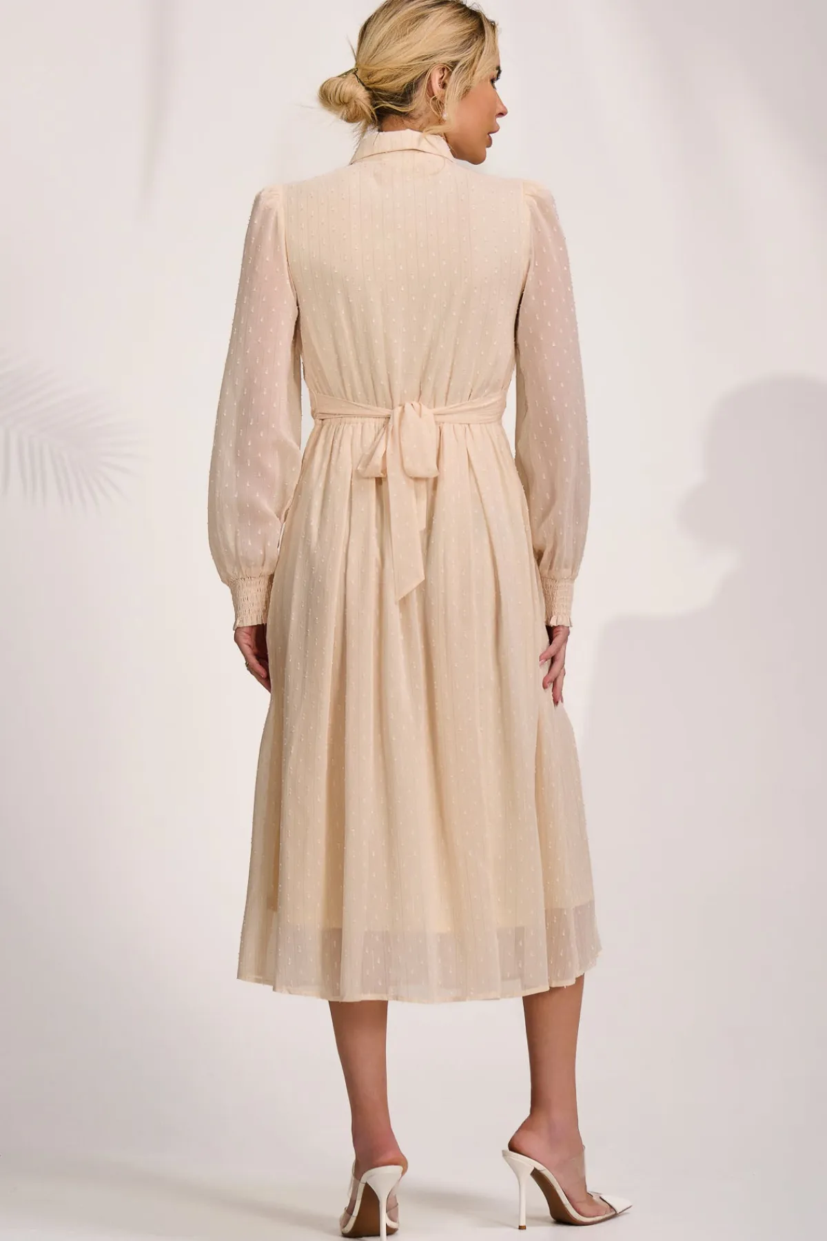 Jolie Moi Occasion Dresses|Shirt Dresses-Textured Chiffon Long Sleeve Shirt Dress, Cloud White