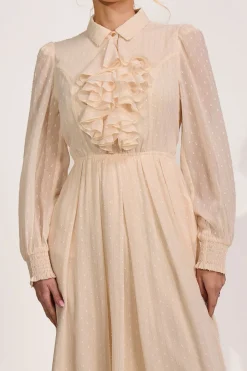 Jolie Moi Occasion Dresses|Shirt Dresses-Textured Chiffon Long Sleeve Shirt Dress, Cloud White
