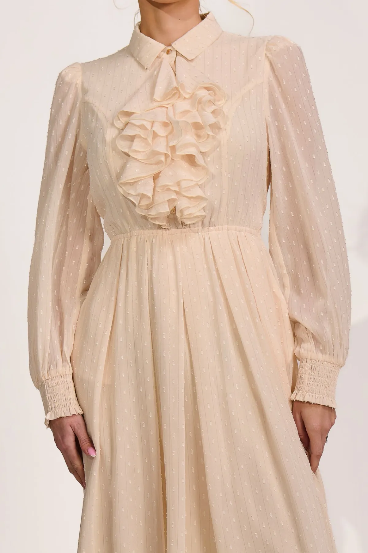 Jolie Moi Occasion Dresses|Shirt Dresses-Textured Chiffon Long Sleeve Shirt Dress, Cloud White