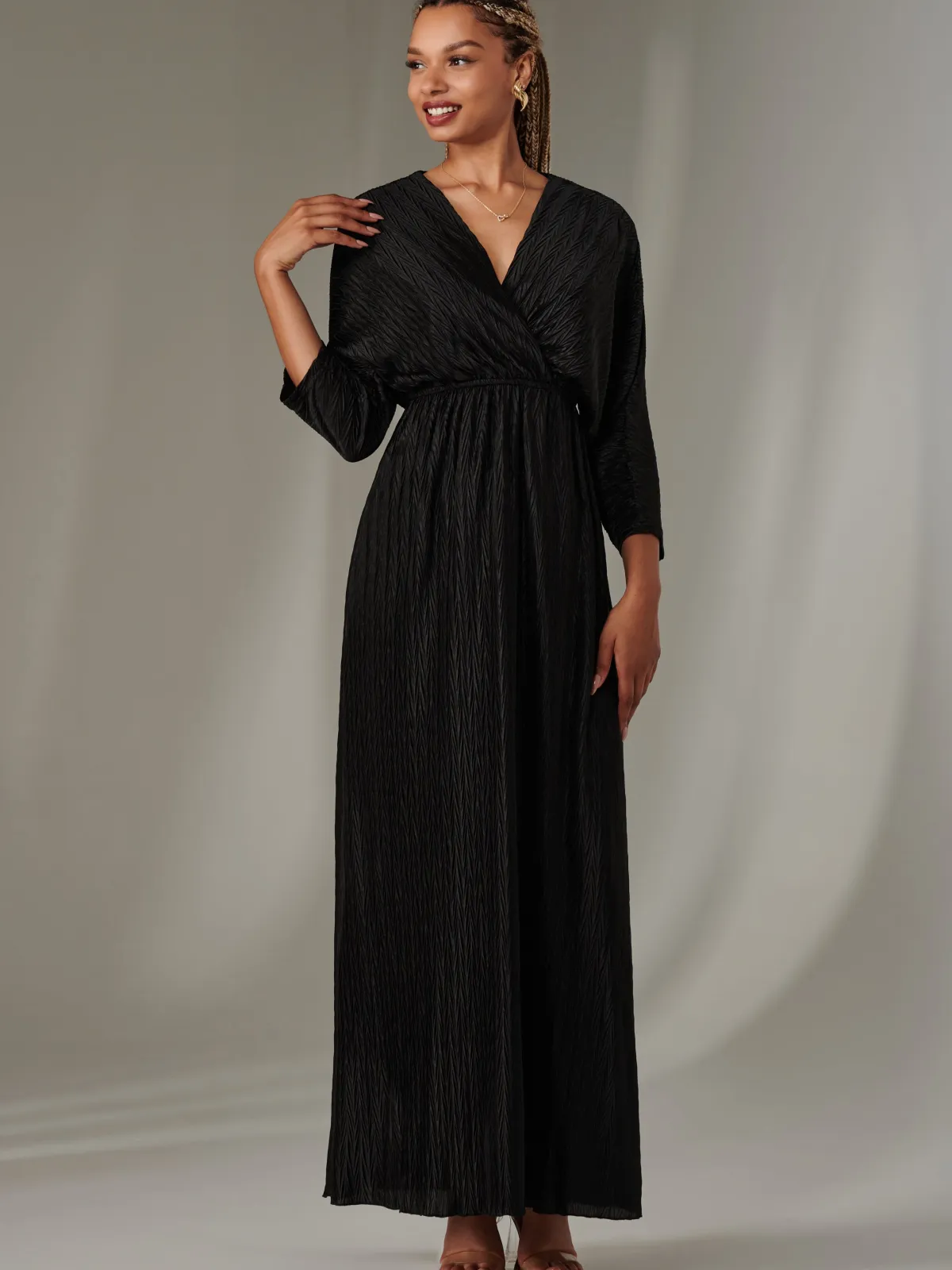 Jolie Moi Occasion Dresses|Party Dresses-Textured Jersey Long Sleeve Maxi Dress, Black