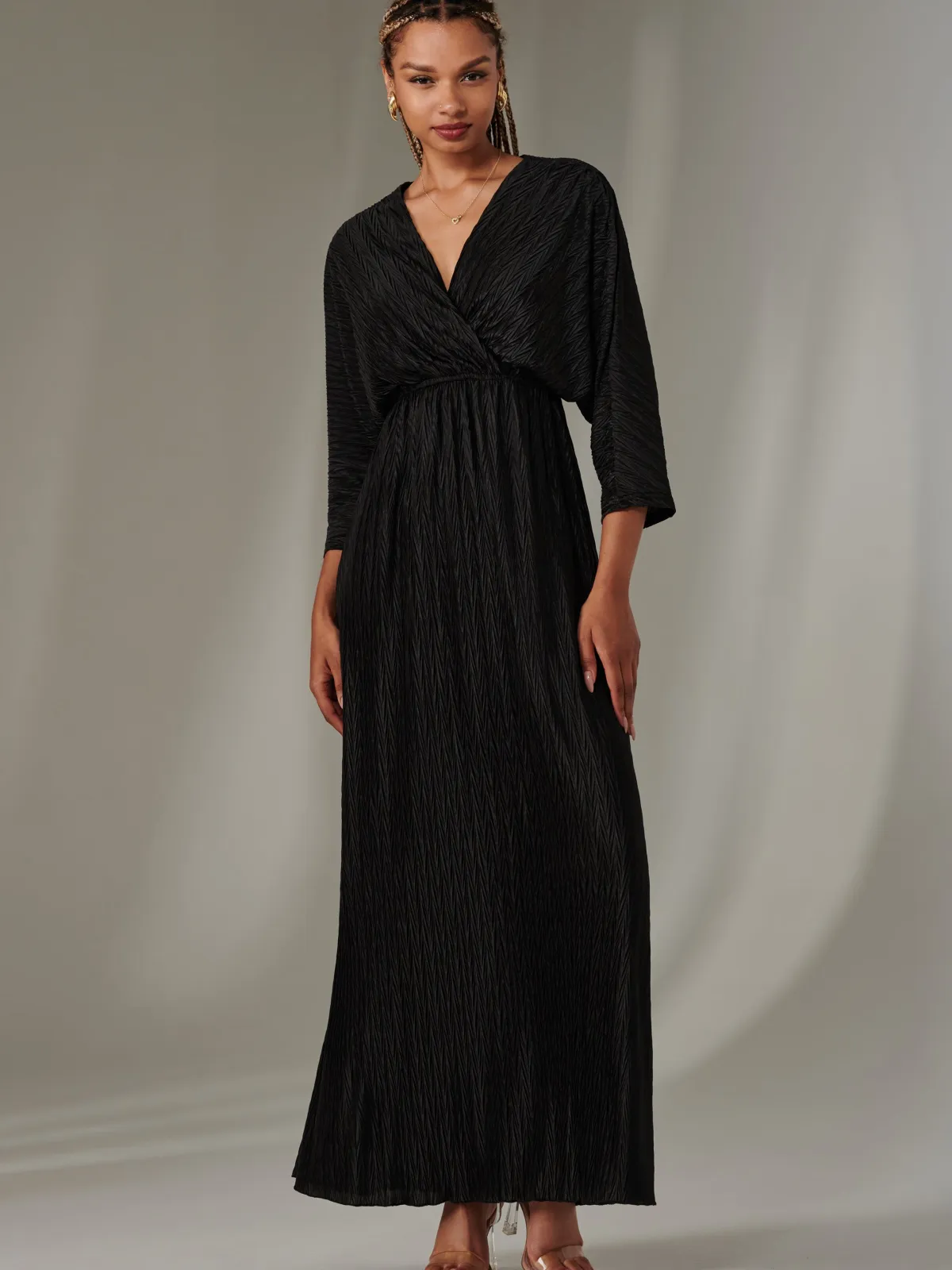Jolie Moi Occasion Dresses|Party Dresses-Textured Jersey Long Sleeve Maxi Dress, Black