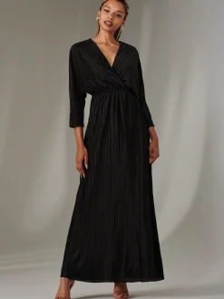 Jolie Moi Occasion Dresses|Party Dresses-Textured Jersey Long Sleeve Maxi Dress, Black