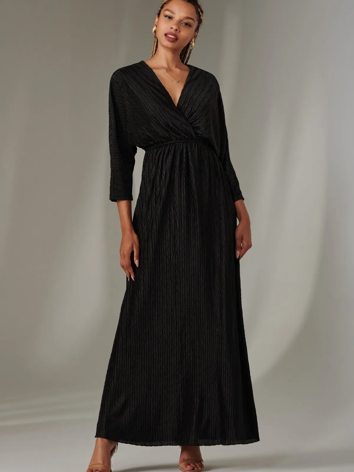 Jolie Moi Occasion Dresses|Party Dresses-Textured Jersey Long Sleeve Maxi Dress, Black