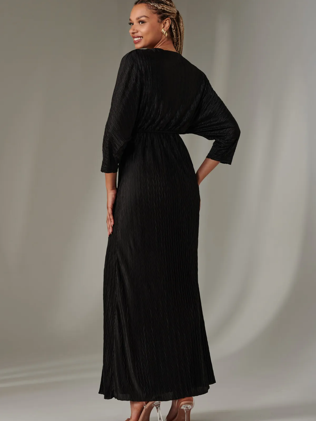 Jolie Moi Occasion Dresses|Party Dresses-Textured Jersey Long Sleeve Maxi Dress, Black