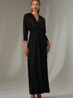Jolie Moi Occasion Dresses|Party Dresses-Textured Jersey Long Sleeve Maxi Dress, Black