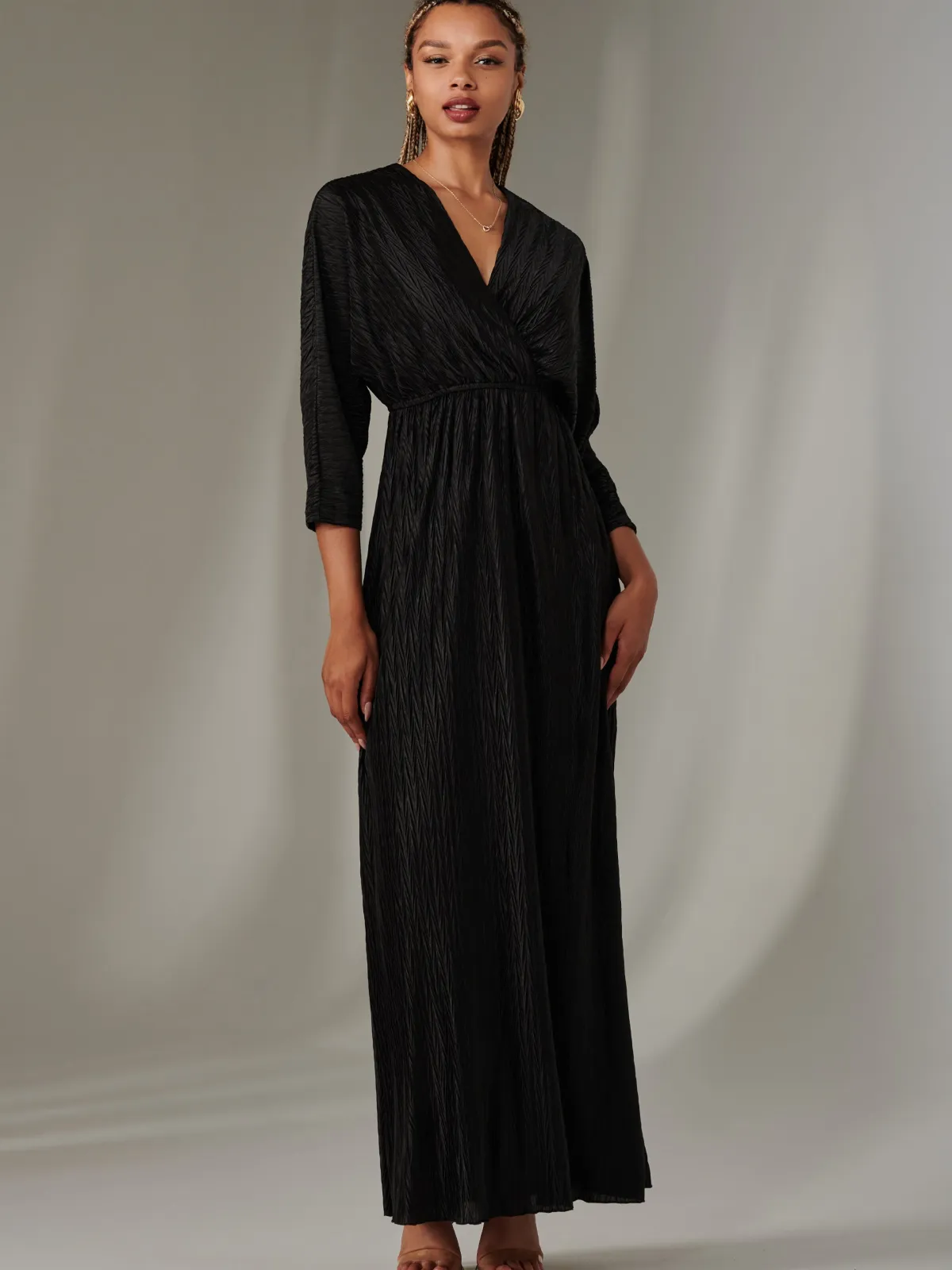 Jolie Moi Occasion Dresses|Party Dresses-Textured Jersey Long Sleeve Maxi Dress, Black