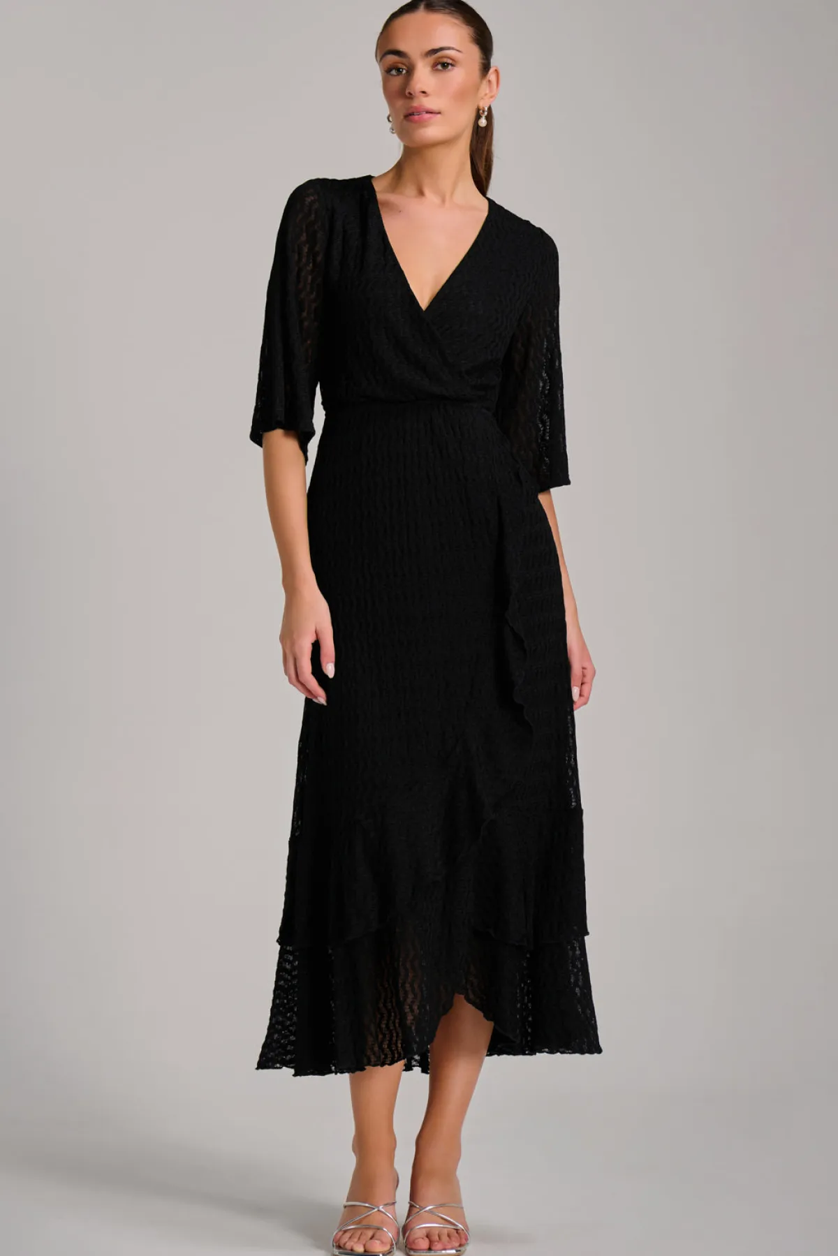 Jolie Moi Occasion Dresses|Maxi Dresses-Textured Ruffle Hem Knitted Maxi Dress, Black