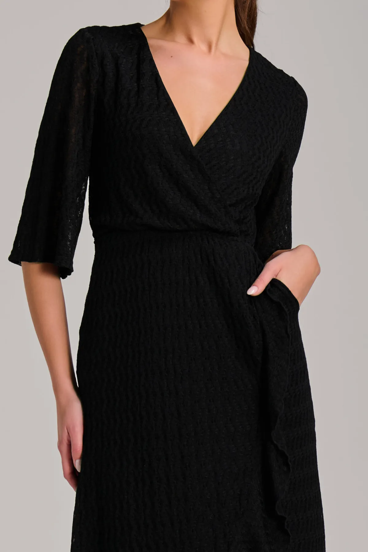 Jolie Moi Occasion Dresses|Maxi Dresses-Textured Ruffle Hem Knitted Maxi Dress, Black