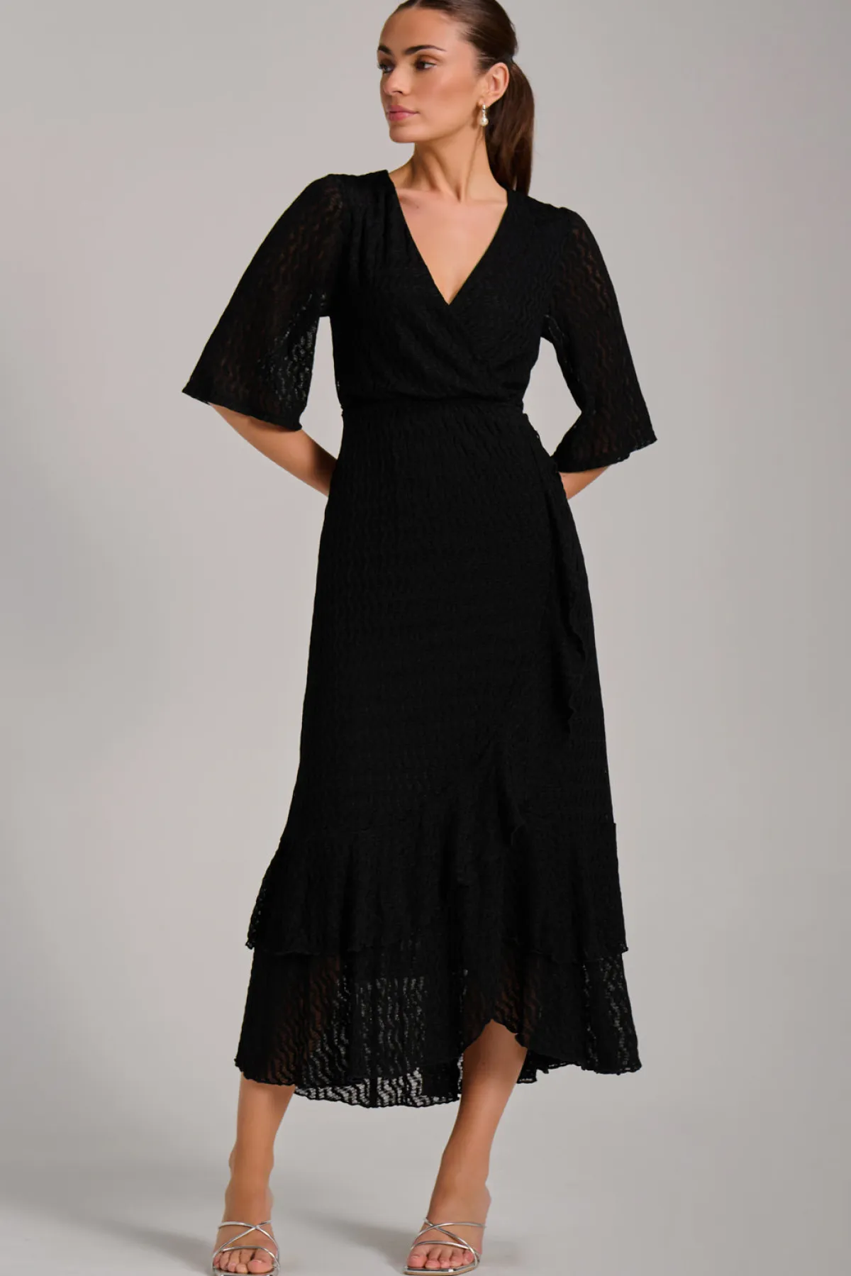 Jolie Moi Occasion Dresses|Maxi Dresses-Textured Ruffle Hem Knitted Maxi Dress, Black