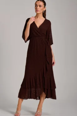 Jolie Moi Occasion Dresses|Maxi Dresses-Textured Ruffle Hem Knitted Maxi Dress, Brown