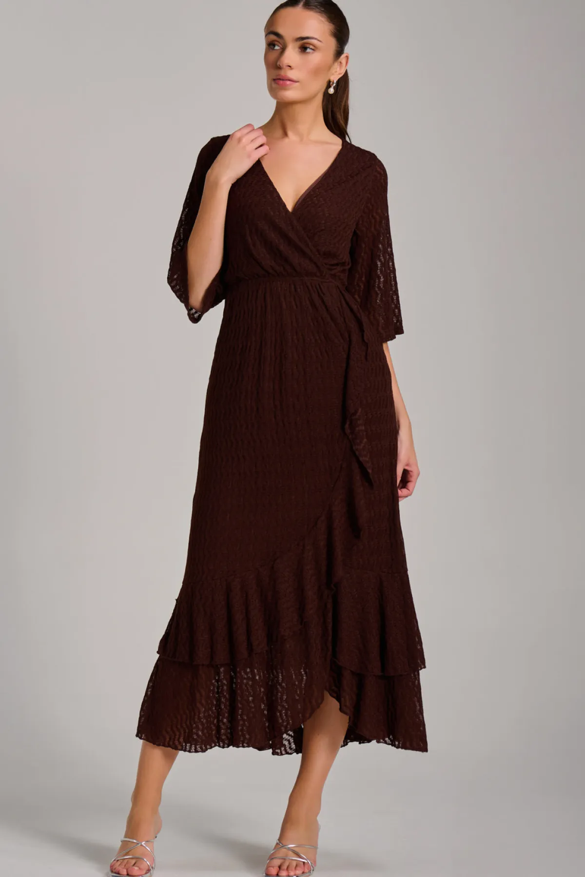 Jolie Moi Occasion Dresses|Maxi Dresses-Textured Ruffle Hem Knitted Maxi Dress, Brown