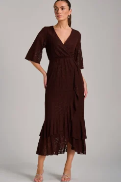 Jolie Moi Occasion Dresses|Maxi Dresses-Textured Ruffle Hem Knitted Maxi Dress, Brown