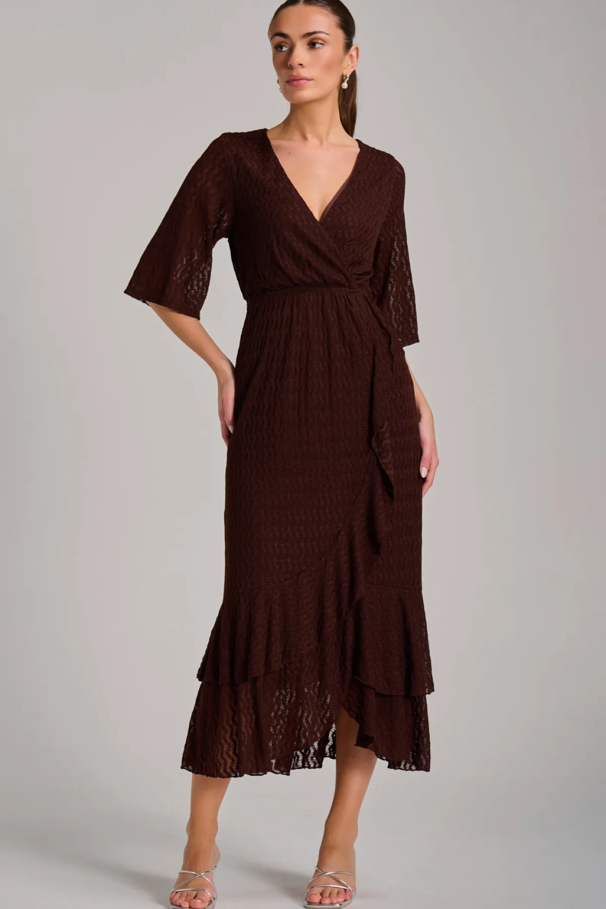 Jolie Moi Occasion Dresses|Maxi Dresses-Textured Ruffle Hem Knitted Maxi Dress, Brown