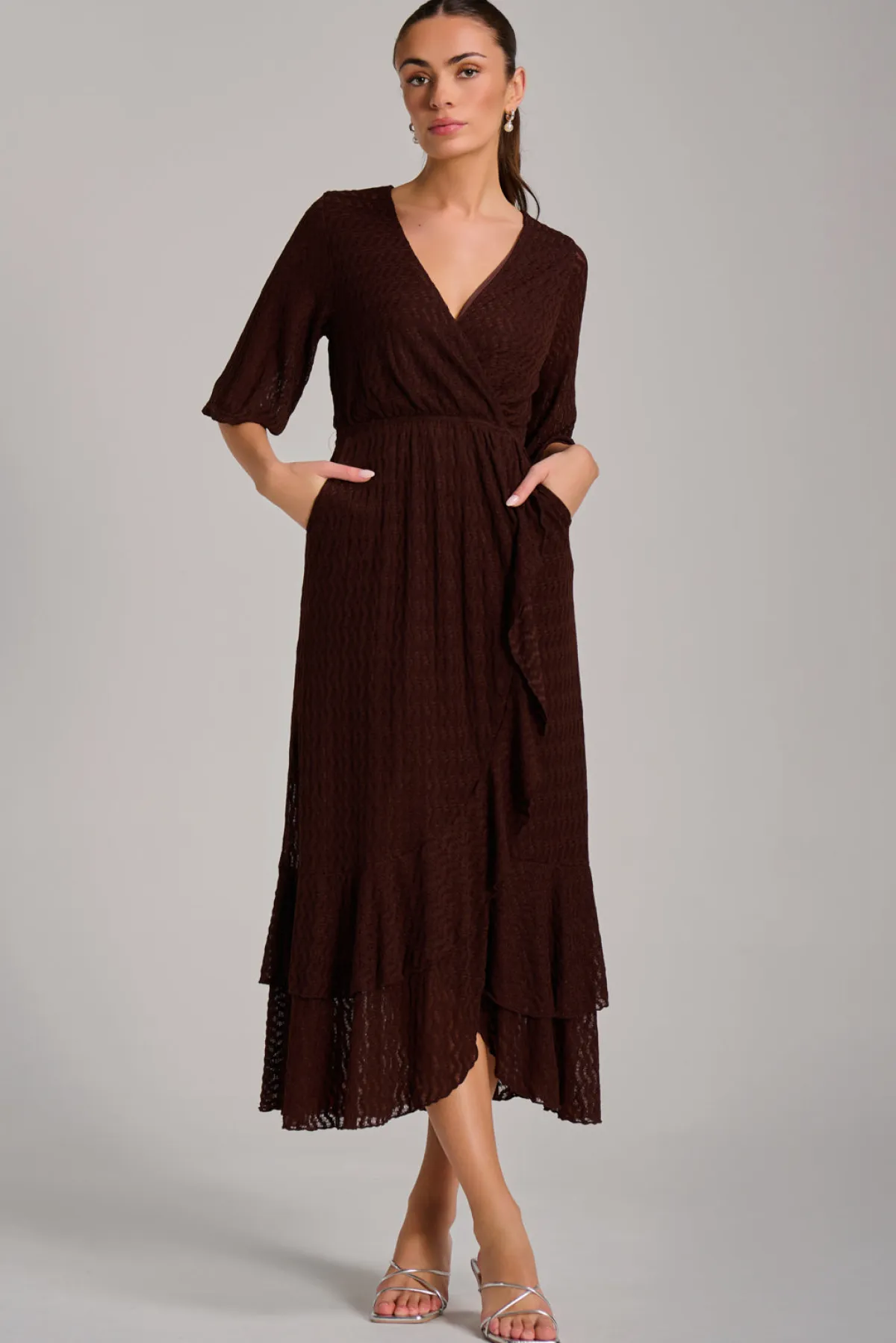 Jolie Moi Occasion Dresses|Maxi Dresses-Textured Ruffle Hem Knitted Maxi Dress, Brown