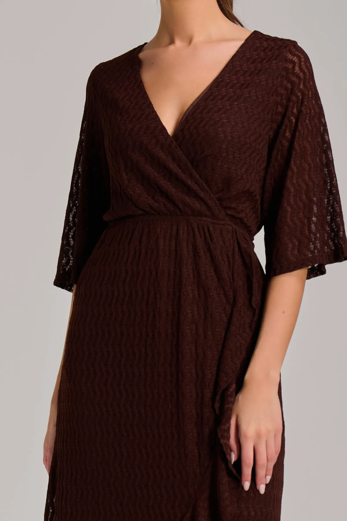 Jolie Moi Occasion Dresses|Maxi Dresses-Textured Ruffle Hem Knitted Maxi Dress, Brown