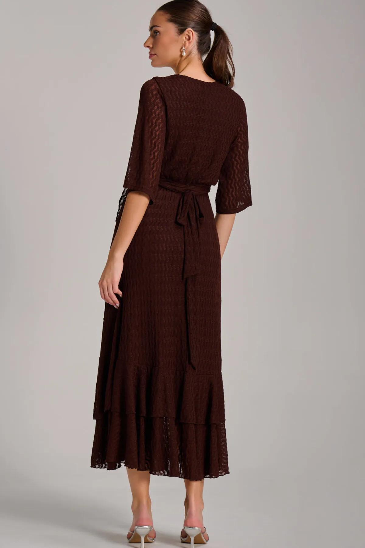 Jolie Moi Occasion Dresses|Maxi Dresses-Textured Ruffle Hem Knitted Maxi Dress, Brown