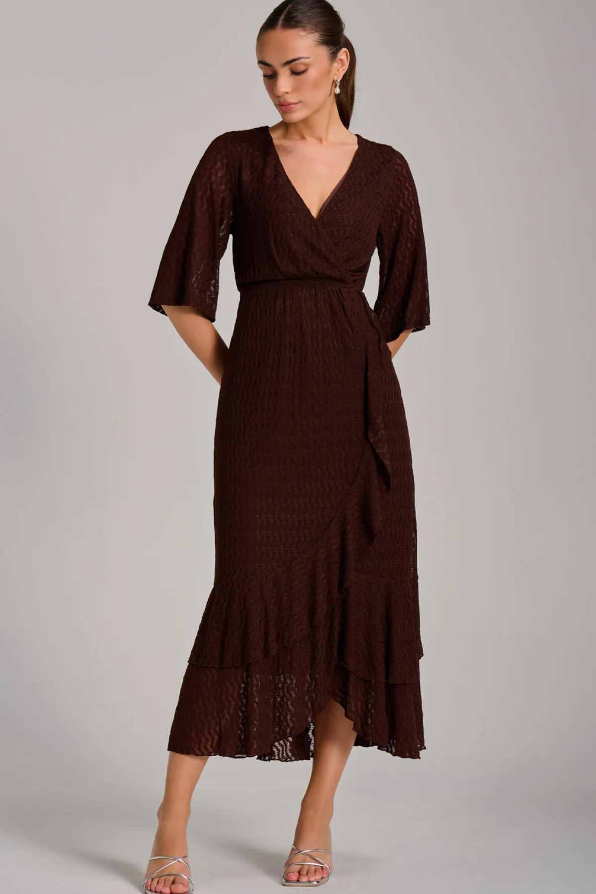 Jolie Moi Occasion Dresses|Maxi Dresses-Textured Ruffle Hem Knitted Maxi Dress, Brown