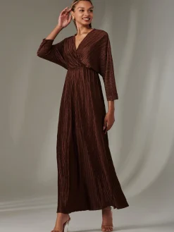 Jolie Moi Occasion Dresses|Party Dresses-Texture Jersey Long Sleeve Maxi Dress, Chocolate