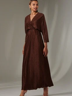 Jolie Moi Occasion Dresses|Party Dresses-Texture Jersey Long Sleeve Maxi Dress, Chocolate