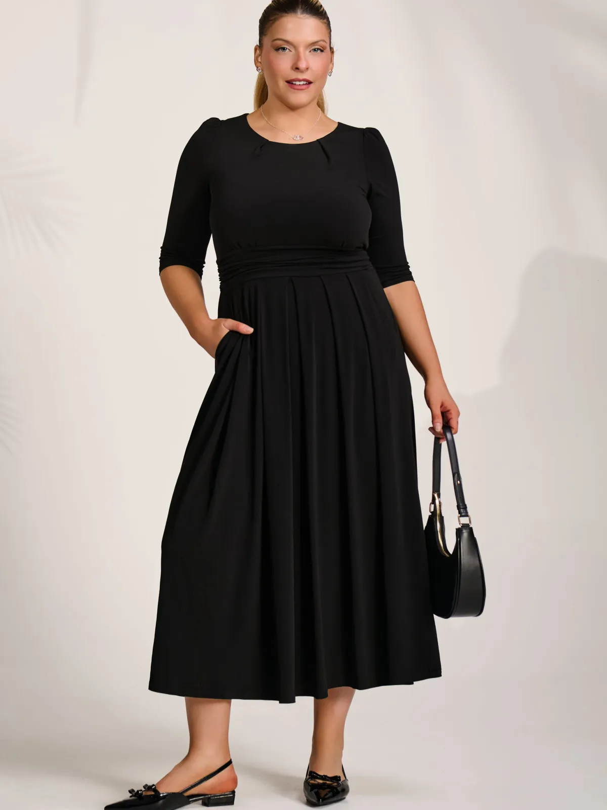 Jolie Moi Occasion Dresses|Jersey Dresses-Three quarter sleeve jersey maxi dress, Black
