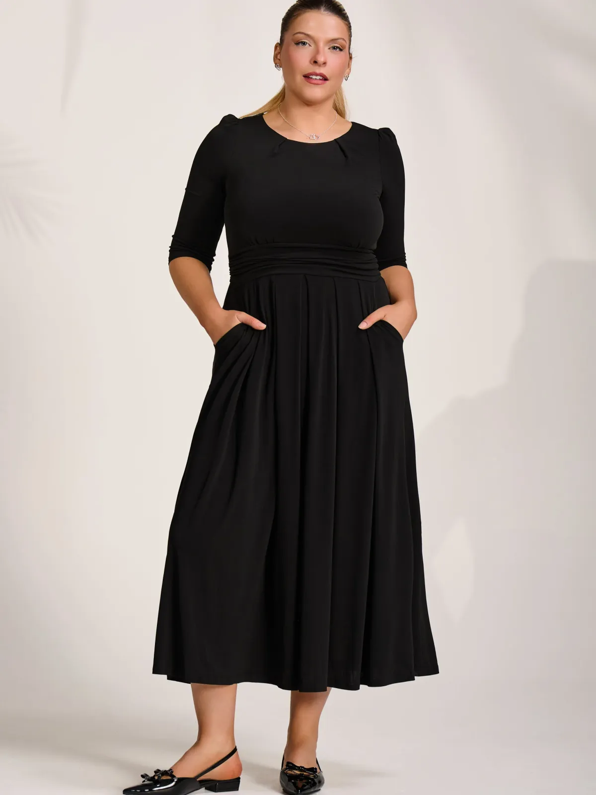 Jolie Moi Occasion Dresses|Jersey Dresses-Three quarter sleeve jersey maxi dress, Black