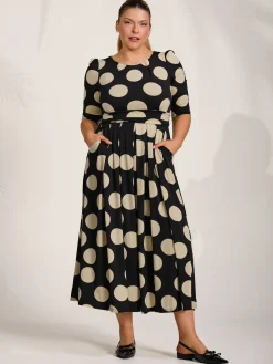 Jolie Moi Occasion Dresses|Jersey Dresses-Three quarter sleeve jersey maxi dress, Black Spot
