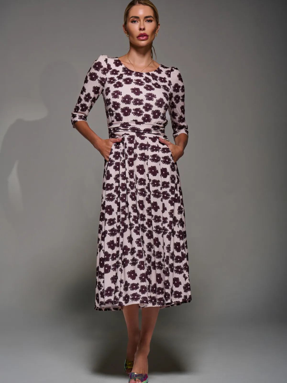 Jolie Moi Occasion Dresses|Floral Dresses-Three Quarter Sleeve Jersey Midi Dress, Beige Floral