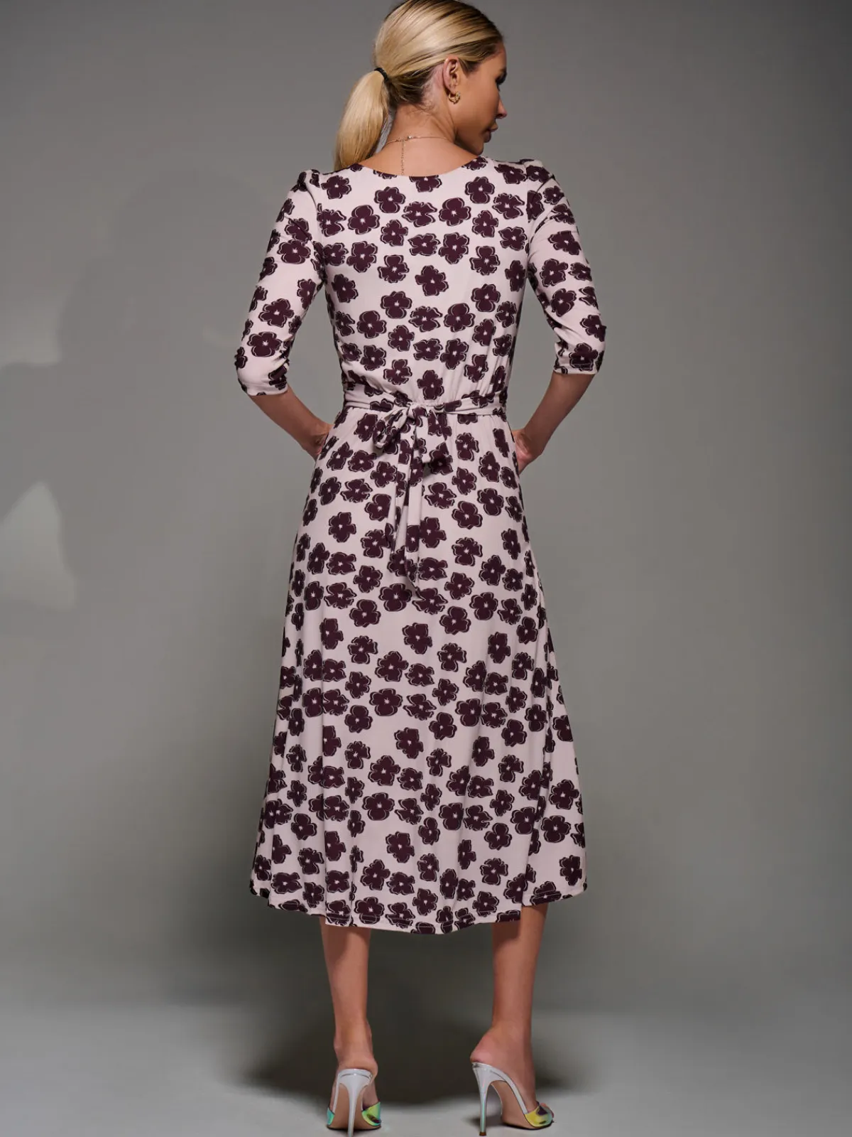 Jolie Moi Occasion Dresses|Floral Dresses-Three Quarter Sleeve Jersey Midi Dress, Beige Floral