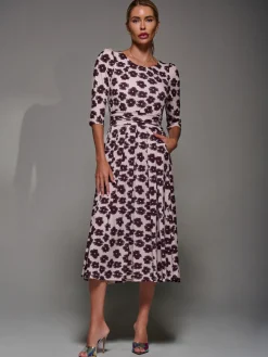Jolie Moi Occasion Dresses|Floral Dresses-Three Quarter Sleeve Jersey Midi Dress, Beige Floral