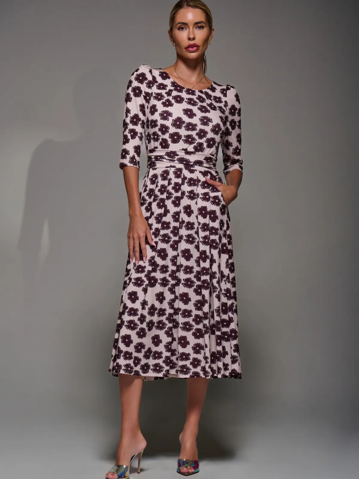 Jolie Moi Occasion Dresses|Floral Dresses-Three Quarter Sleeve Jersey Midi Dress, Beige Floral