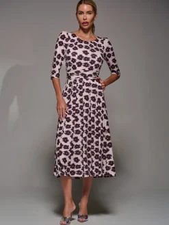 Jolie Moi Occasion Dresses|Floral Dresses-Three Quarter Sleeve Jersey Midi Dress, Beige Floral