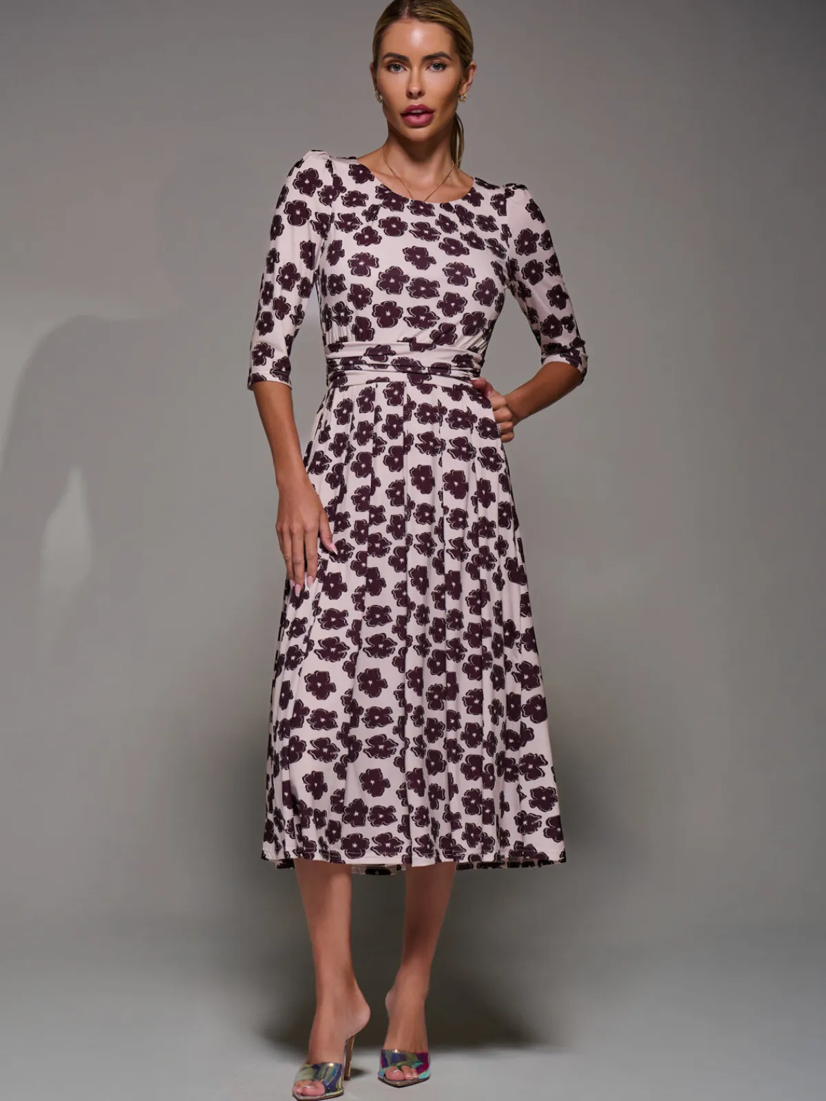 Jolie Moi Occasion Dresses|Floral Dresses-Three Quarter Sleeve Jersey Midi Dress, Beige Floral