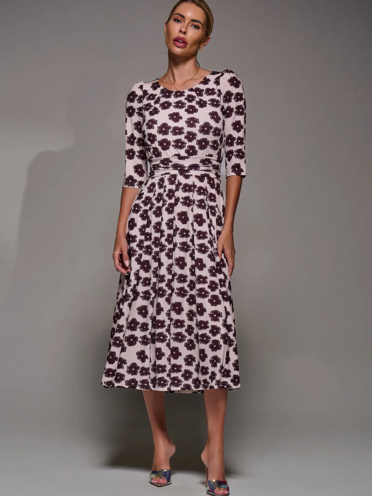 Jolie Moi Occasion Dresses|Floral Dresses-Three Quarter Sleeve Jersey Midi Dress, Beige Floral