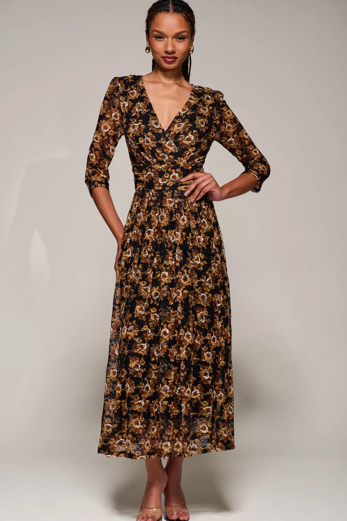 Jolie Moi Occasion Dresses|Floral Dresses-Three Quarter Sleeve Printed Lace Maxi, Black Floral