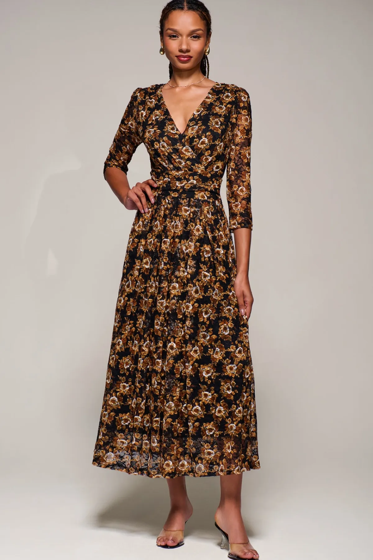 Jolie Moi Occasion Dresses|Floral Dresses-Three Quarter Sleeve Printed Lace Maxi, Black Floral